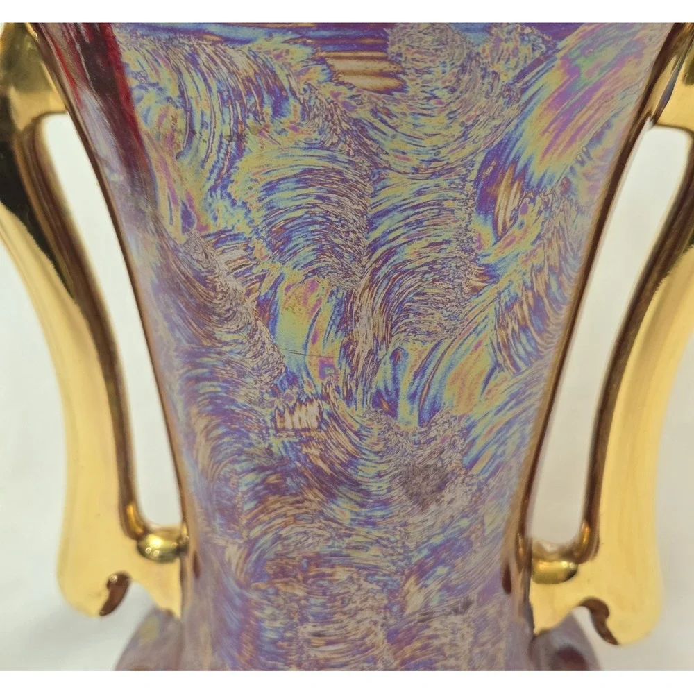 Vintage Burgundy Art Nouveau Vase Iridescent Gloss With 22K Gold Accents - GUC